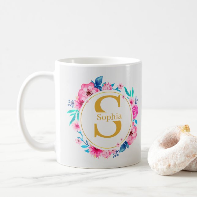 Mug Monogramme Art I Initiale dorée et rose en aquarel (Avec donut)