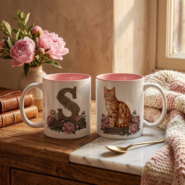 Mug Monogrammé au Chat Tigré Orange (Orange Tabby Cat Monogram Mug - Personalized Initial Mug -Ginger Cat Lover Gift )