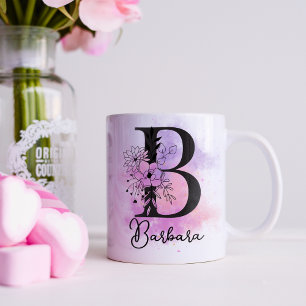 Mug Monogramme B Lettre Noir Floral Violet Rose