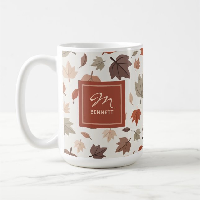 Mug Monogramme beige de feuillage d'automne Merci (Gauche)