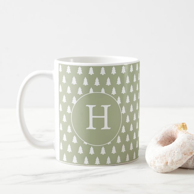 Mug Monogramme blanc Arbre de Noël Motif cadeau vert (Avec donut)