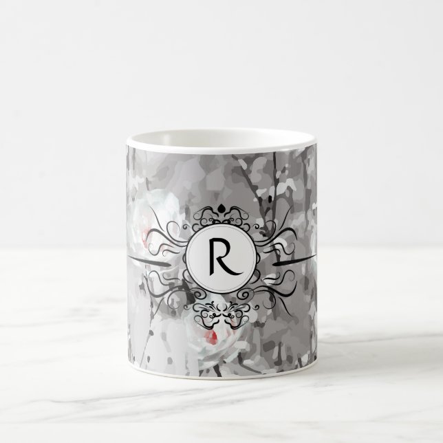 Mug monogramme blanc rose gris blanc motif floral (Centre)