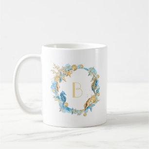 Mug Monogramme bleu d'or de mer et de plage