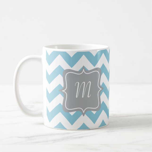Mug Monogramme bleu et blanc de zigzag (Gauche)