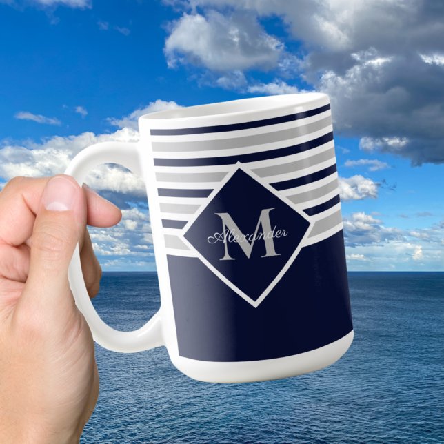 Mug Monogramme bleu gris marine moderne (Créateur téléchargé)