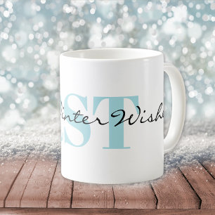 Mug Monogramme Bleu Hiver et Vœux Chaleureux d'Hiver