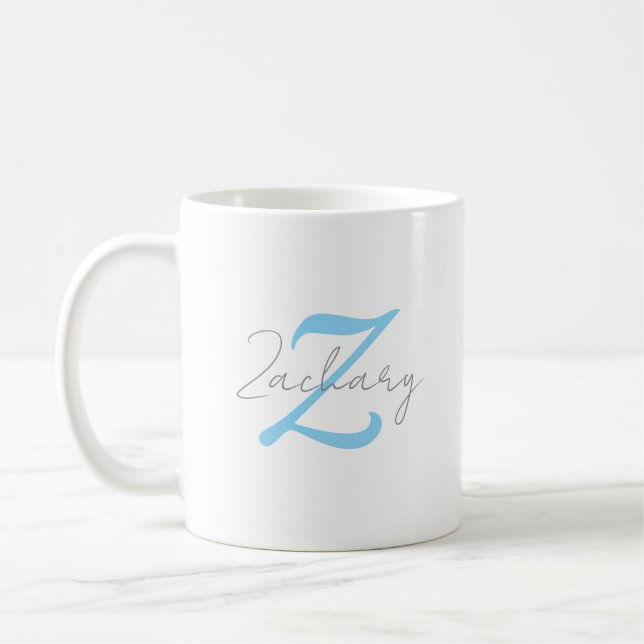 Mug Monogramme Bleu Moderne & Nom en Écriture Personna (Gauche)