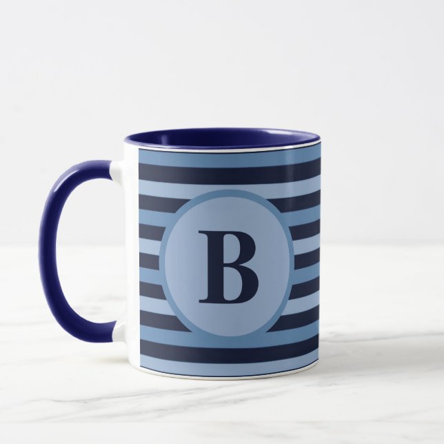 Mug Monogramme Bleu rayures dans la marine et teintes  (Gauche)