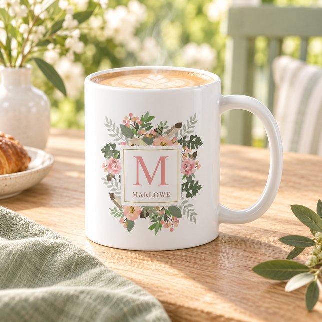 Mug Monogramme Bohème Floral Rose Doré Rustique (Créateur téléchargé)