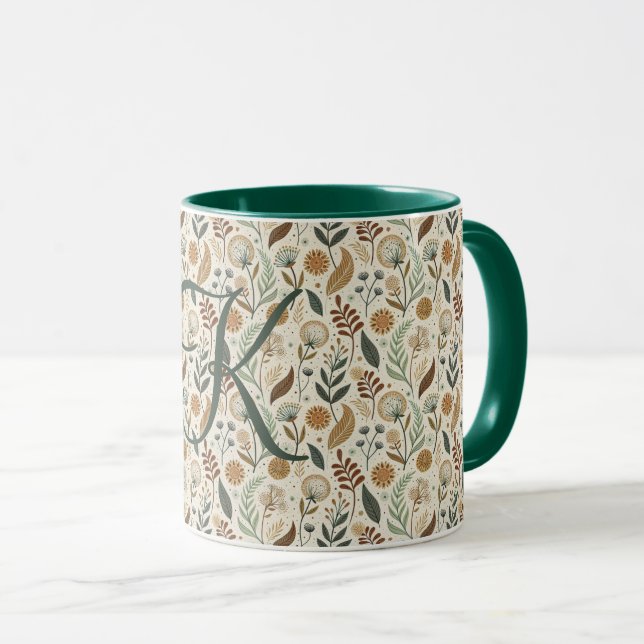 Mug Monogramme Boho Feuilles Botanique Marron Vert Bei (Devant droit)