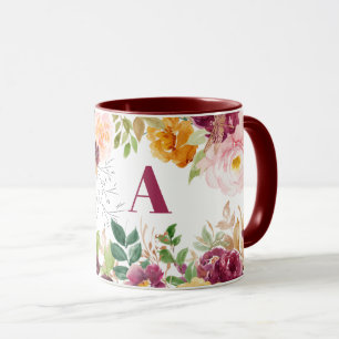 Mug Monogramme bordeaux élégant et classe à l'aquarell
