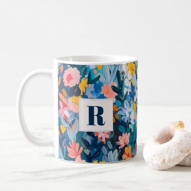 Mug Monogramme botanique Abstrait bleu et rose tendanc (Avec donut)