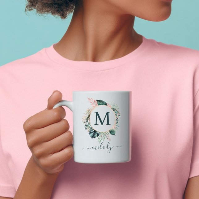 Mug Monogramme Botanique Boho - Vert - Blanc (Boho Botanical Monogram - Green - White Coffee Mug
with your Initial and Name)