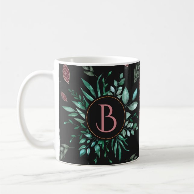 Mug Monogramme botanique chic en vert, vin-rouge et no (Gauche)