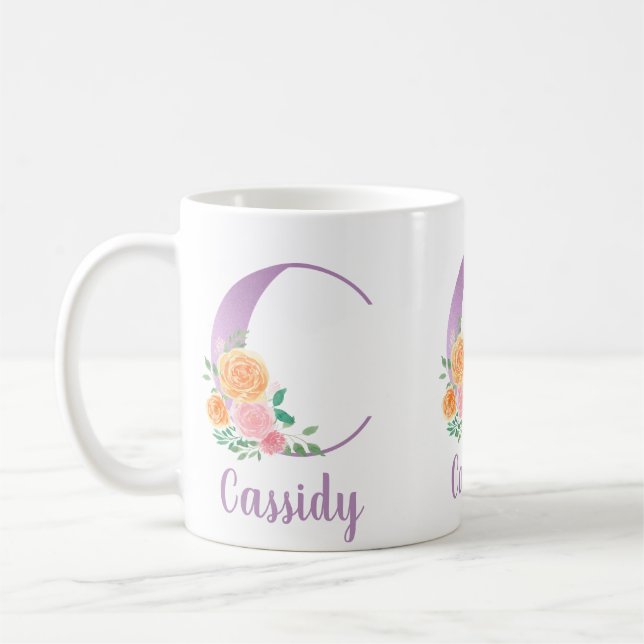 Mug Monogramme C Floral Aquarelle Personnalisé Violet (Gauche)