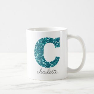 Mug Monogramme C personnalisé avec paillettes sarcelle