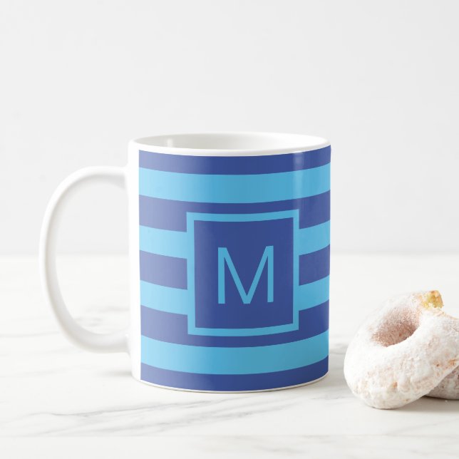 Mug Monogramme Carré Bleu rayé (ou Couleurs personnali (Avec donut)
