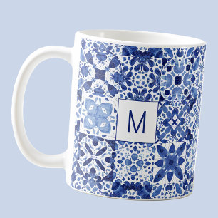 Mug Monogramme Carreaux Bleus Bleu Méditerranéen Aquar