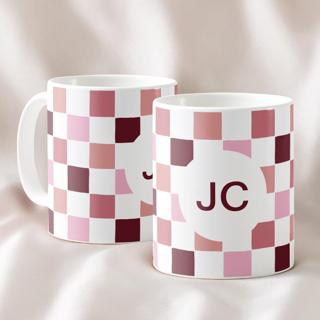 Mug Monogramme Carreaux Rose Bourgogne Moderne Simple (Monogram Checkered Pink Burgundy Modern Simple Coffee Mug)