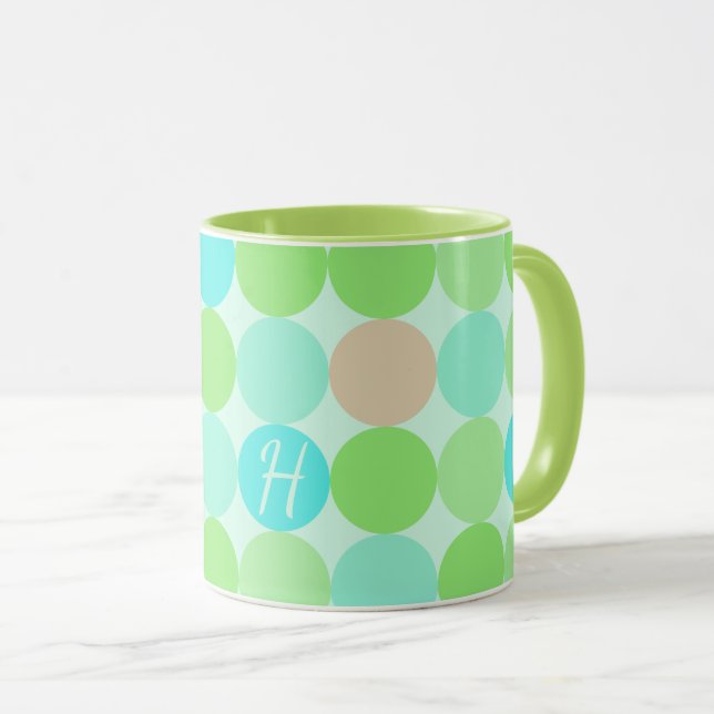 Mug Monogramme Cercles Turquoise Bleu Vert & Orange (Devant droit)