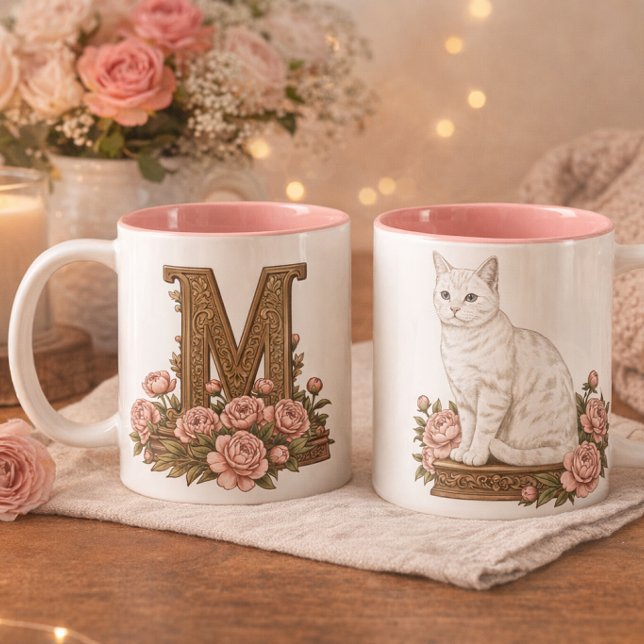 Mug Monogramme Chat Blanc Yeux Bleus (White Cat Blue Eyes Monogram Mug - Personalized Initial Mug - Elegant Cat Lover Gift)