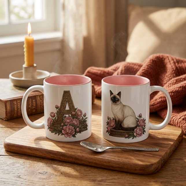 Mug Monogramme Chat Siamois (Siamese Cat Monogram Mug - Personalized Initial Mug -Elegant Cat Lover Gift - Blue Eyes Cat Coffee )
