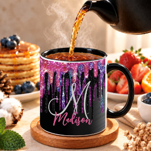Mug Monogramme chic noir rose saumon bleu gouttes