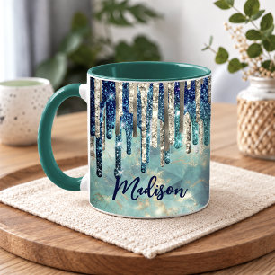Mug Monogramme chic pailleté or turquoise bleu gouttes