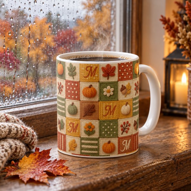 Mug Monogramme Citrouille Patchwork Automne Rustique (Créateur téléchargé)