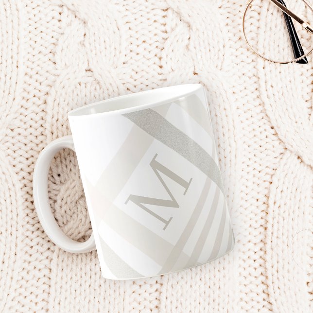 Mug Monogramme Classic Élégant Minimal Blanc Nom Plaid (Créateur téléchargé)