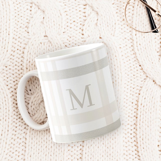 Mug Monogramme Classic Élégant Minimal Blanc Nom Plaid (Créateur téléchargé)