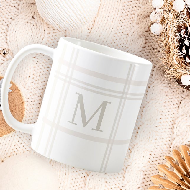 Mug Monogramme Classic Élégant Minimal Blanc Nom Plaid (Créateur téléchargé)