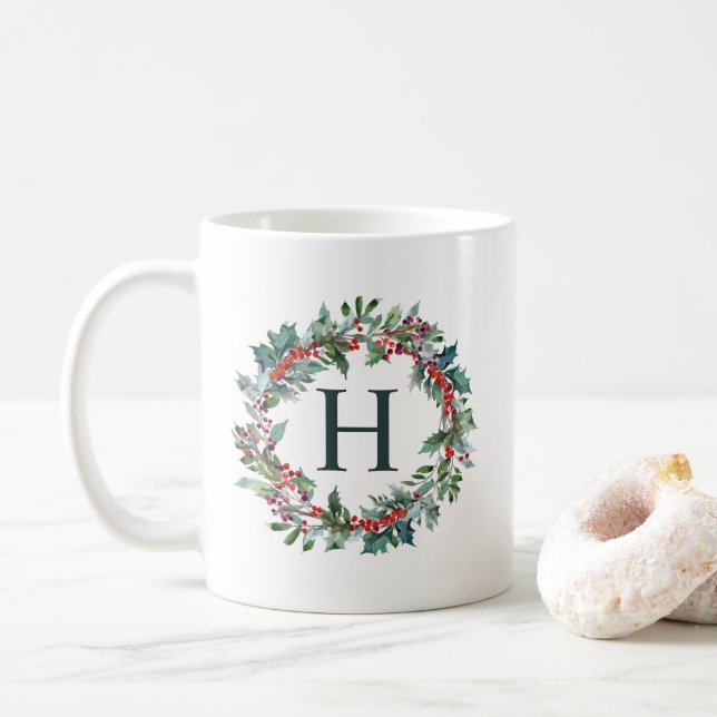 Mug Monogramme classique de vacances de guirlande (Avec donut)