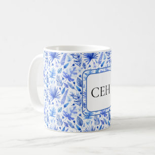 Mug Monogramme, Cobalt Bleu Tropical Feuille Motif 11o