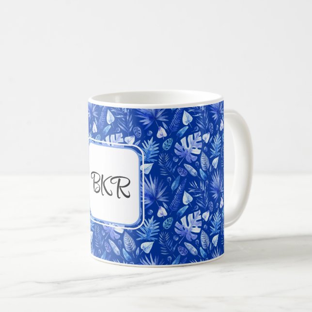 Mug Monogramme, Cobalt Bleu Tropical Feuille Motif 11o (Devant droit)