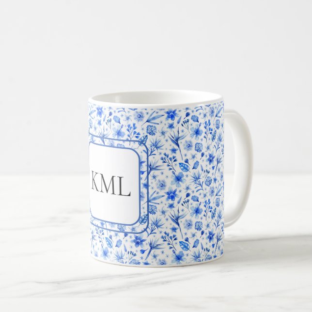 Mug Monogramme Cobalt Blue Flowers & Motif Feuille 11o (Devant droit)
