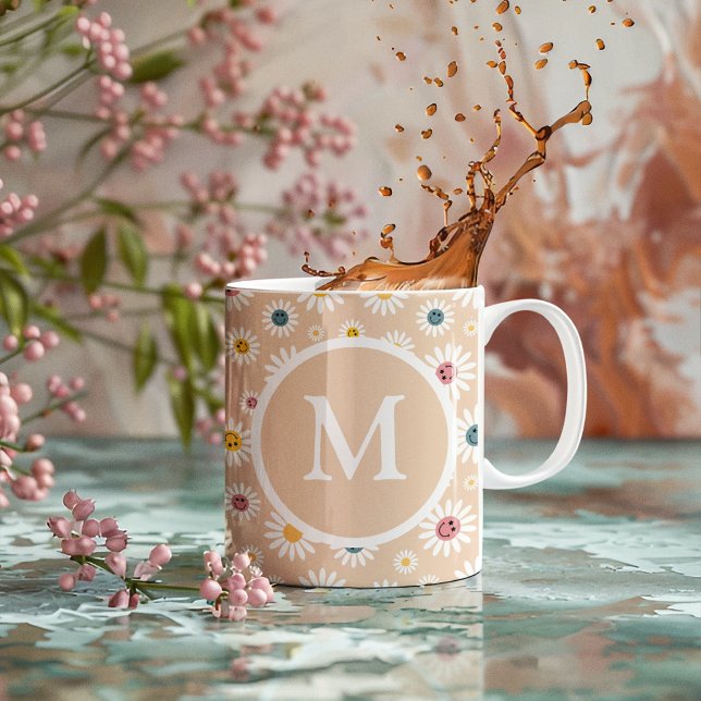 Mug Monogramme coloré Souriant Faisée personnalisée (Colourful Monogram Smiling Daisy personalised Coffee Mug)