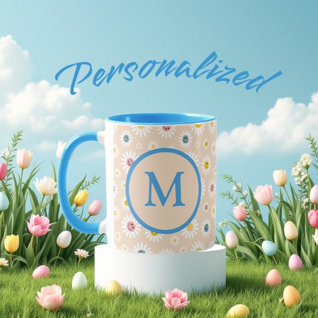 Mug Monogramme coloré Souriant Faisée personnalisée (Colourful Monogram Smiling Daisy personalised Mug)