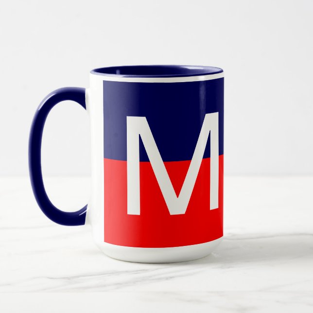 Mug Monogramme cool moderne rouge blanc et bleu (Gauche)