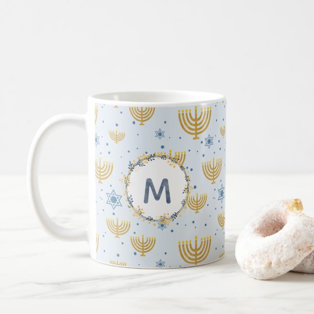 Mug Monogramme couleur bleu marine + Motif Hanoukka (Avec donut)