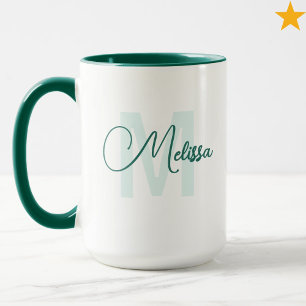 Mug Monogramme cursif personnalisé vert et blanc moder