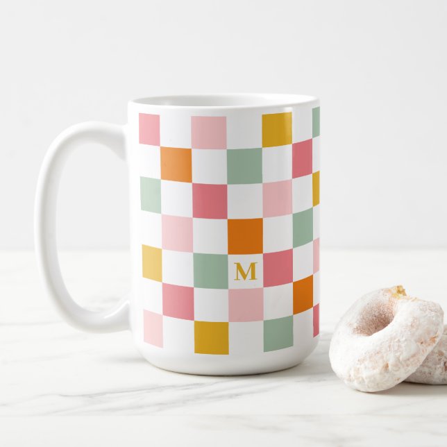 Mug Monogramme damier coloré (Avec donut)