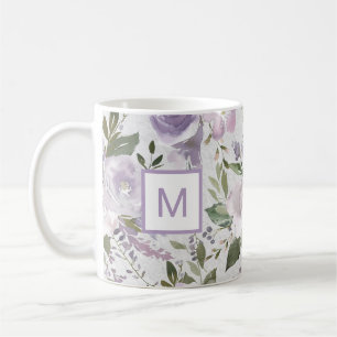 Mug Monogramme d'aquarelle des Roses floraux pourpres 