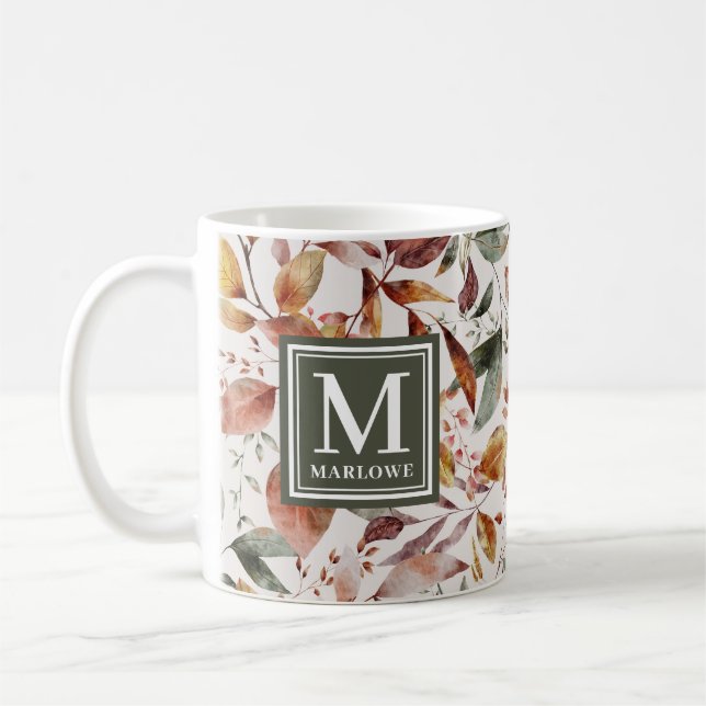 Mug Monogramme d'aquarelle Feuille orange de automne (Gauche)