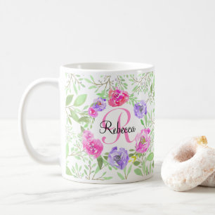 Mug Monogramme d'aquarelle florale de Peony rose