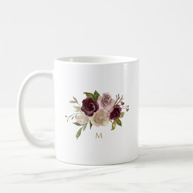Mug Monogramme d'aquarelle florale rose-bourgogne mode (Gauche)