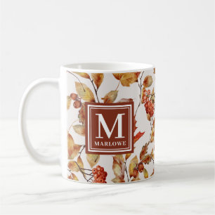 Mug Monogramme d'aquarelle orange Feuille d'automne