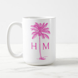 Mug Monogramme d'arbre de palmier rose et blanc Palmet