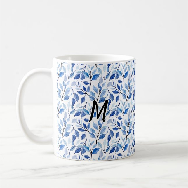 Mug Monogramme d'art fin en mosaïque de feuilles bleue (Gauche)