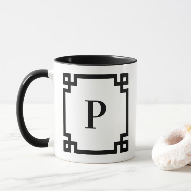 Mug Monogramme de bordure de clé grecque blanche et no (Avec donut)